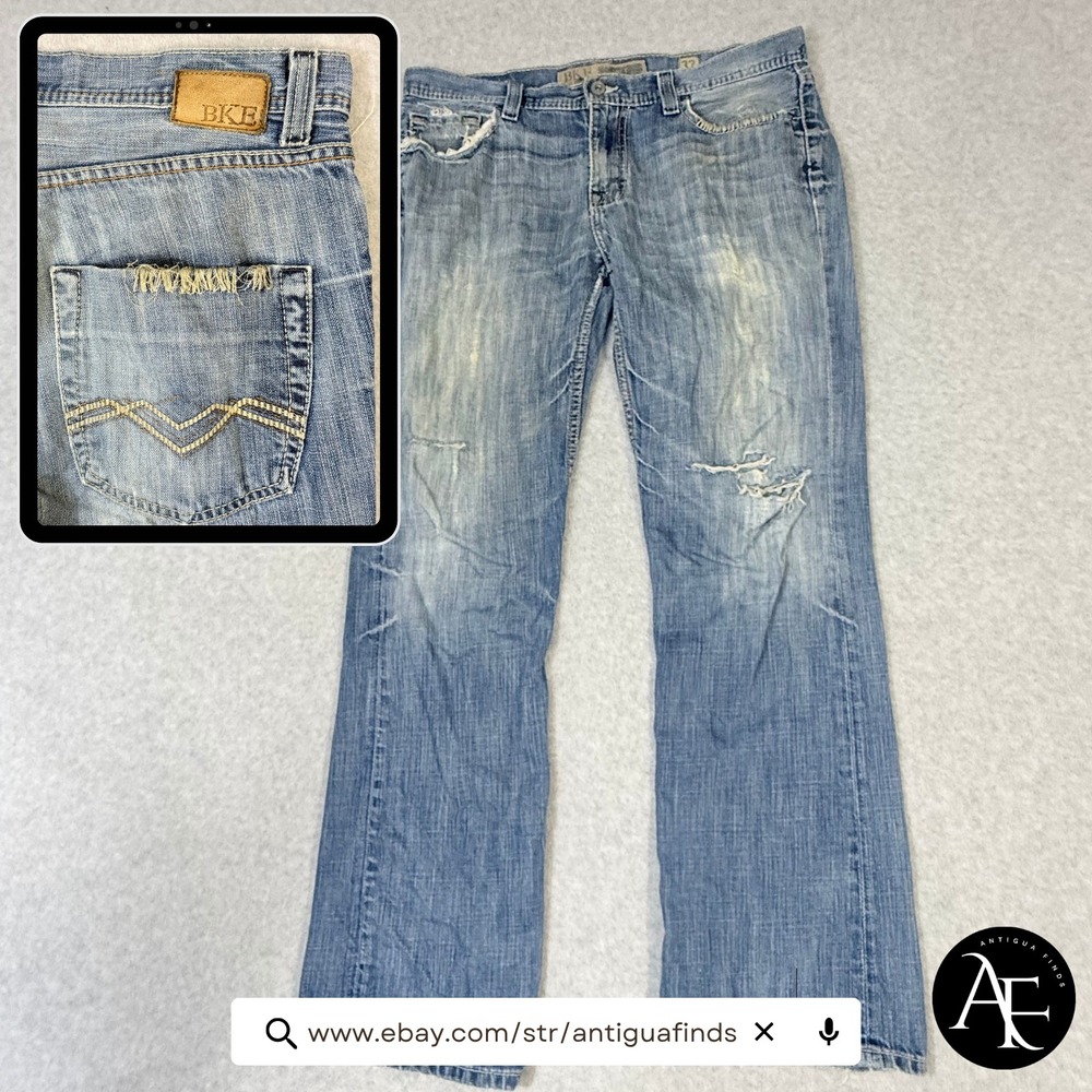 BKE Cole Mens Relaxed Straight Distressed Denim Jeans Blue 32x32